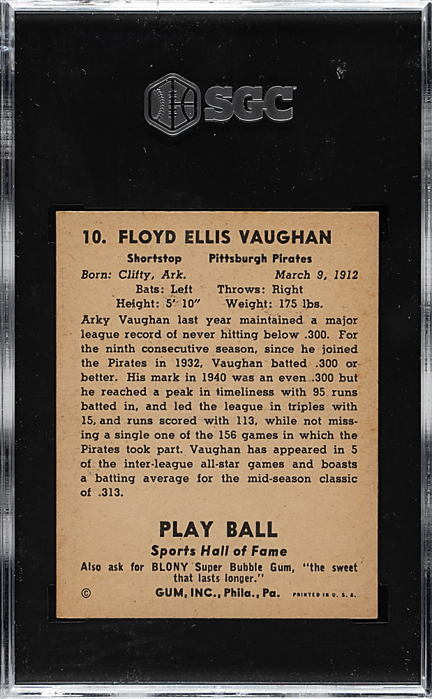 1941 R336 Play Ball #10 Arky Vaughan SGC VG/EX+ 4.5