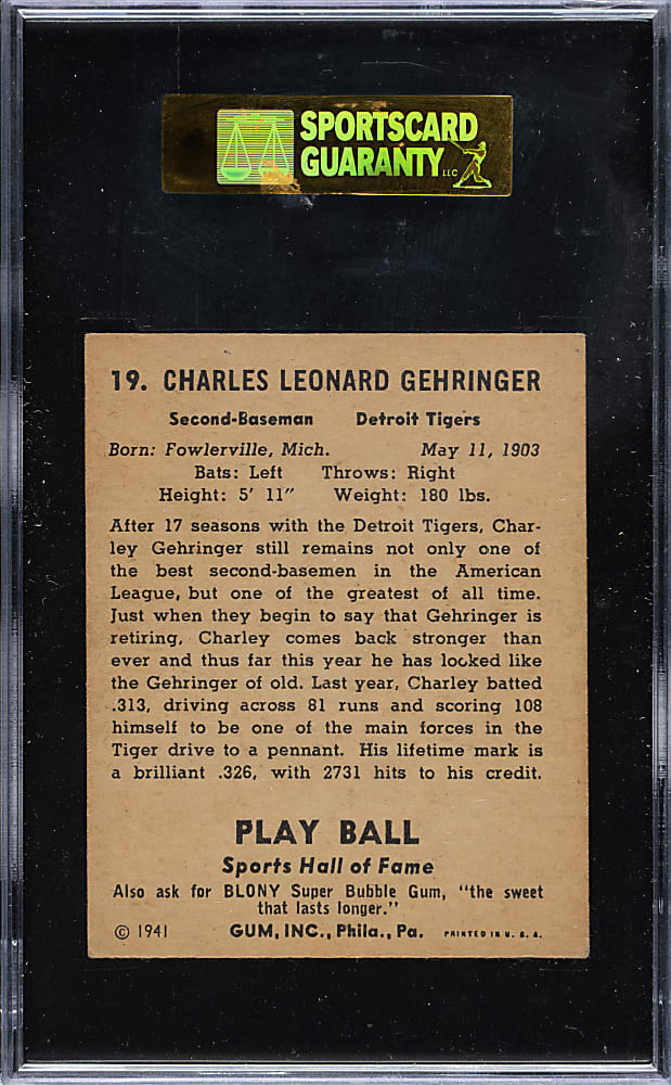1941 R336 Play Ball #19 Charley Gehringer SGC EX+ 70