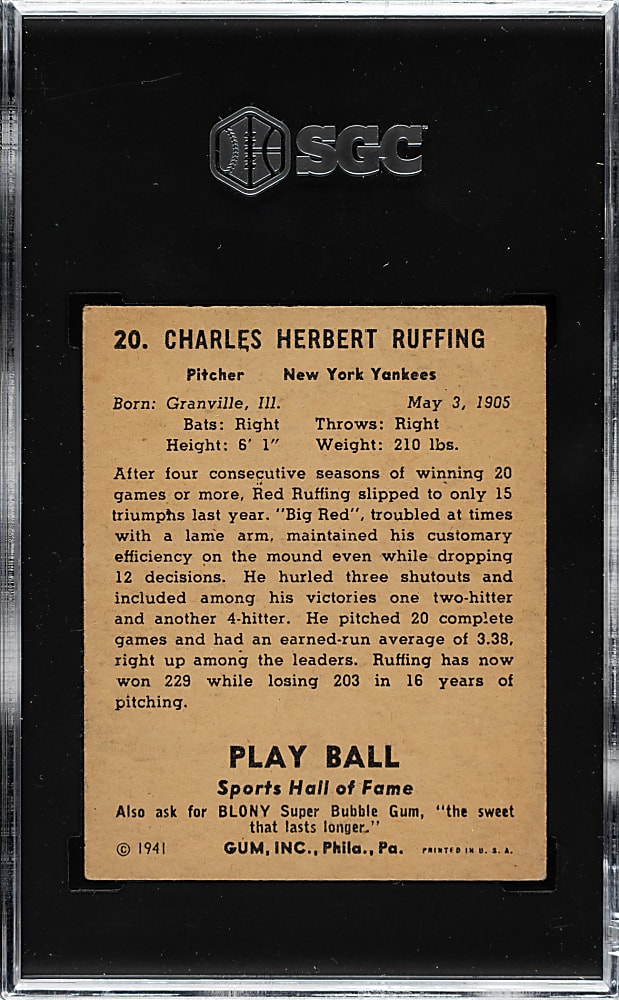 1941 R336 Play Ball #20 Red Ruffing SGC EX+ 5.5