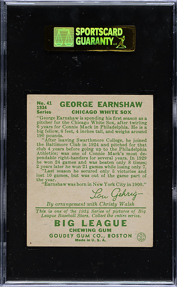 1934 R320 Goudey #41 George Earnshaw SGC EX 60