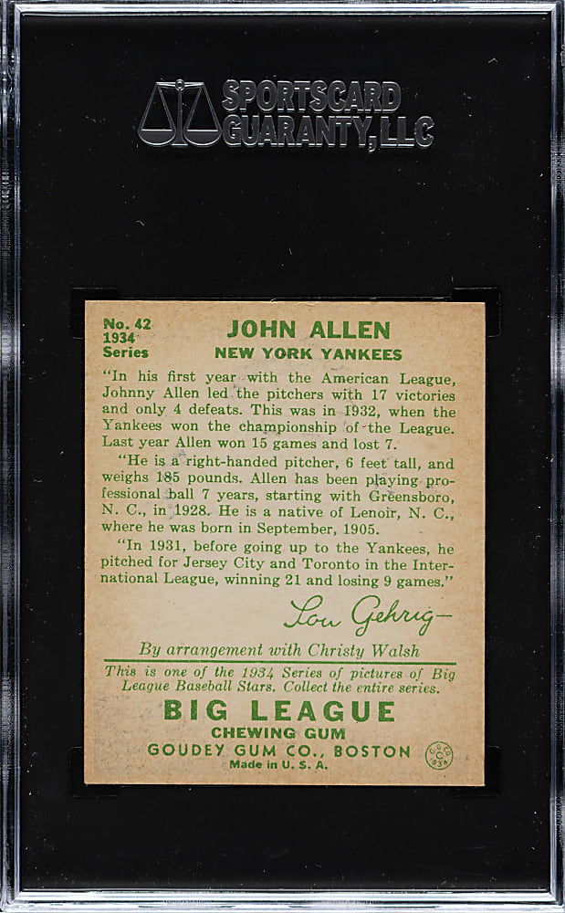 1934 R320 Goudey #42 John Allen SGC VG/EX+ 4.5