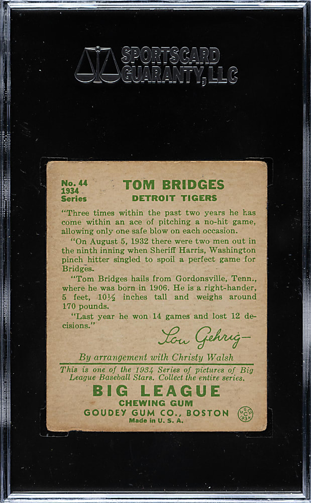 1934 R320 Goudey #44 Tom Bridges SGC VG/EX 50