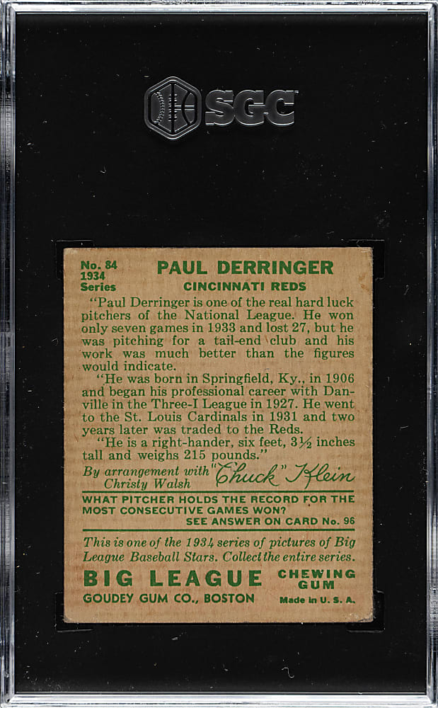 1934 R320 Goudey #84 Paul Derringer SGC GOOD+ 2.5