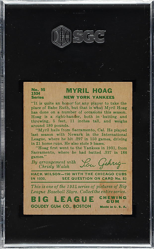 1934 R320 Goudey #95 Myril Hoag SGC VG/EX 4