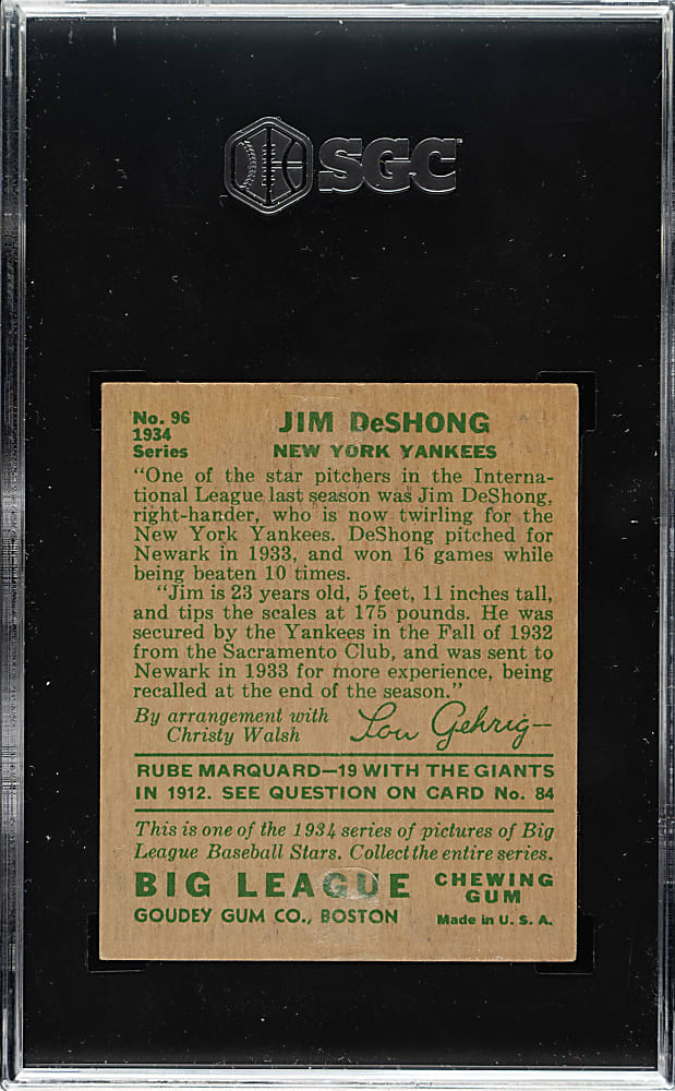 1934 R320 Goudey #96 Jim DeShong SGC VG/EX 4
