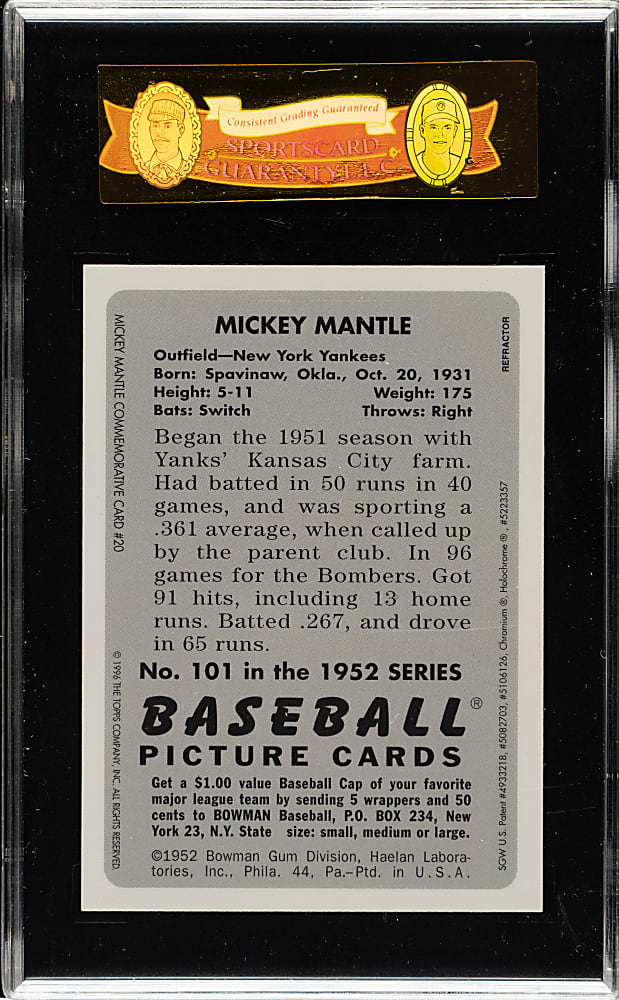 1996 Bowman's Best 1952 Bowman Reprint Mickey Mantle Refractor SGC MINT 96