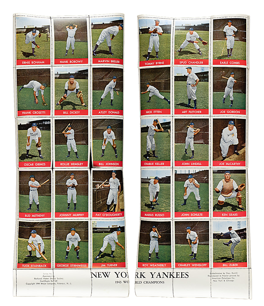 1944 New York Yankees Album Stamps Complete Set (30) on Uncut Sheet