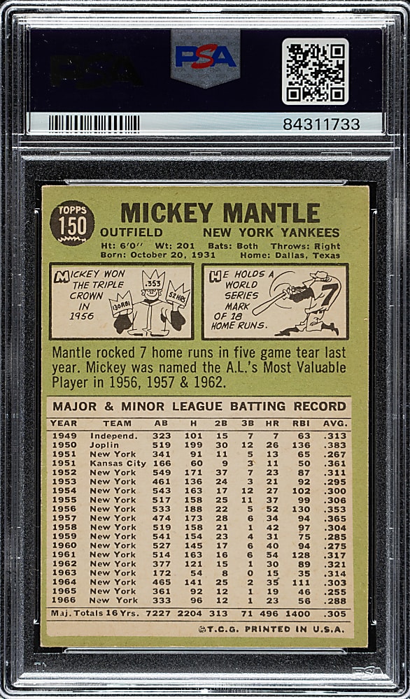 1967 Topps #150 Mickey Mantle PSA VG 3
