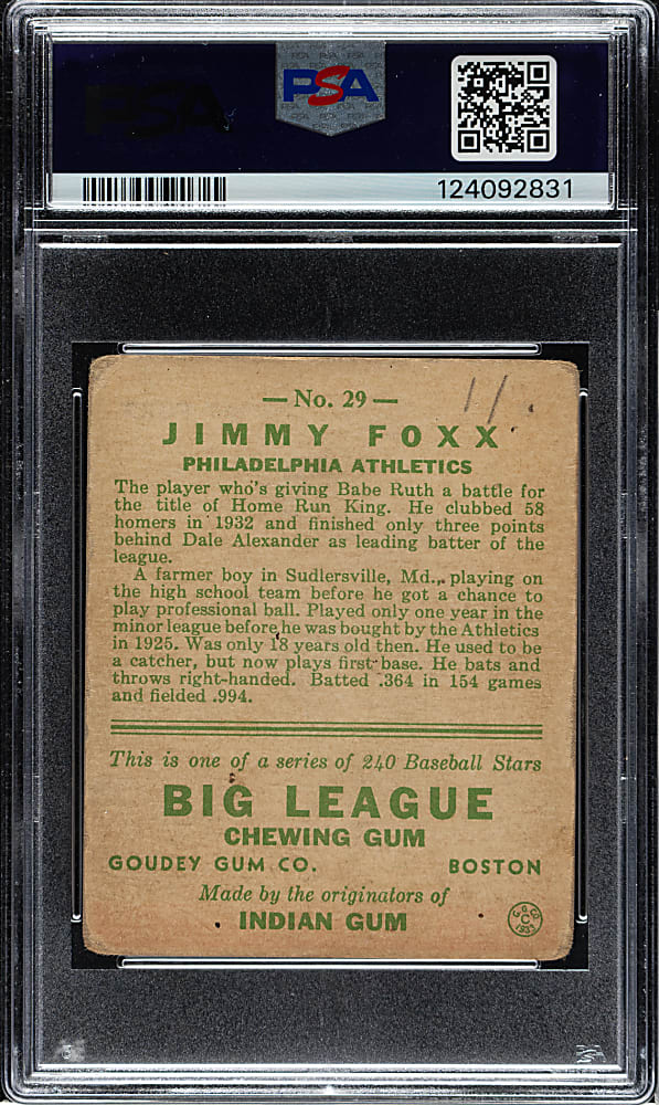 1933 R319 Goudey #29 Jimmie Foxx PSA FAIR 1.5 (MK)