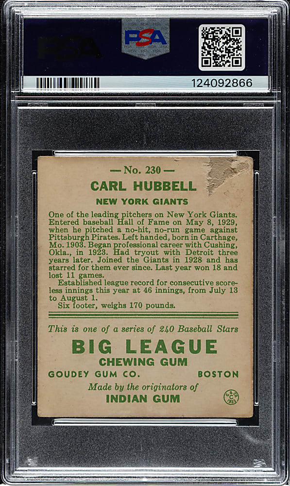 1933 R319 Goudey #230 Carl Hubbell PSA POOR 1