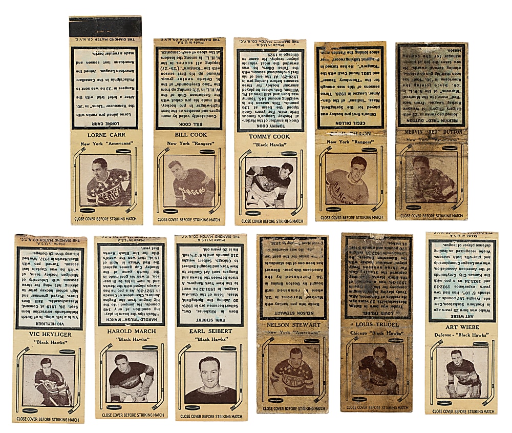 1934-1936 Diamond Matchbooks Hockey Type 2 Collection (11) Including Bill Cook, Red Dutton, and Nelson Stewart