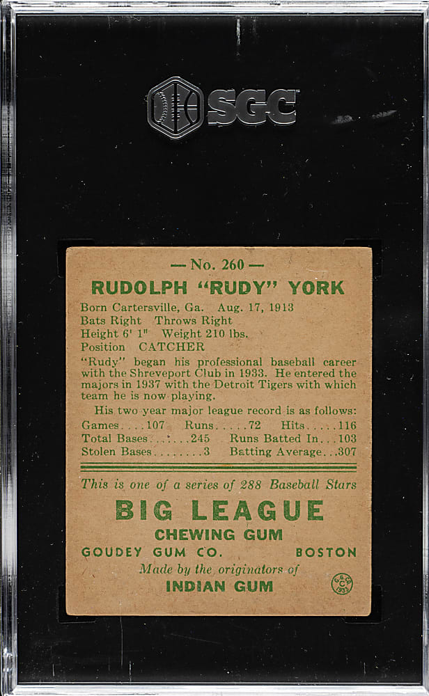 1938 R323 Goudey "Heads-Up" #260 Rudy York SGC EX 5