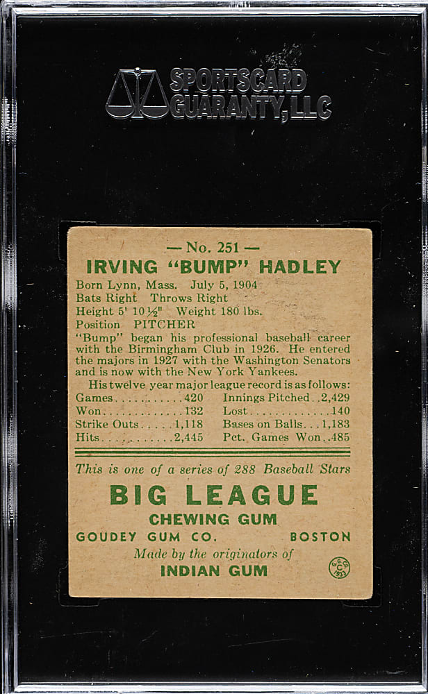 1938 R323 Goudey "Heads-Up" #251 Bump Hadley SGC EX 60