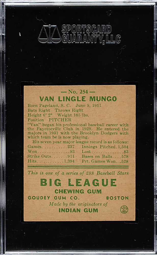 1938 R323 Goudey "Heads-Up" #254 Van Lingle Mungo SGC EX 60