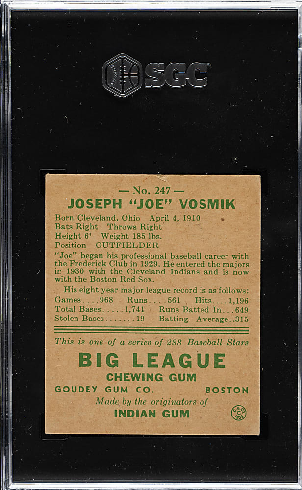 1938 R323 Goudey "Heads-Up" #247 Joe Vosmik SGC VG+ 3.5