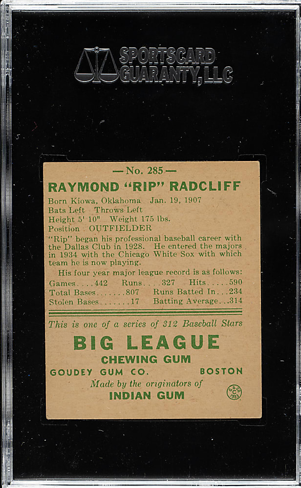 1938 R323 Goudey "Heads-Up" #285 Rip Radcliff SGC EX 60