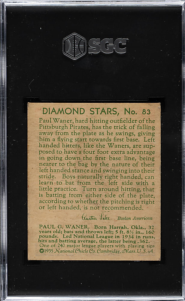 1934-1936 R327 Diamond Stars #83 Paul Waner (1935 Green Back) SGC VG/EX 4