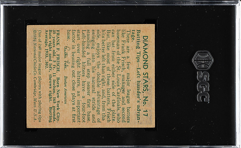 1934-1936 R327 Diamond Stars #17 Frankie Frisch (1934 Green Back) SGC VG/EX 4