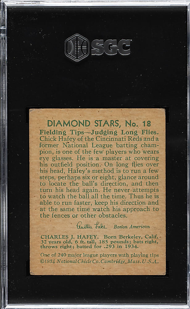 1934-1936 R327 Diamond Stars #18 Chick Hafey (1935 Green Back) SGC VG 3