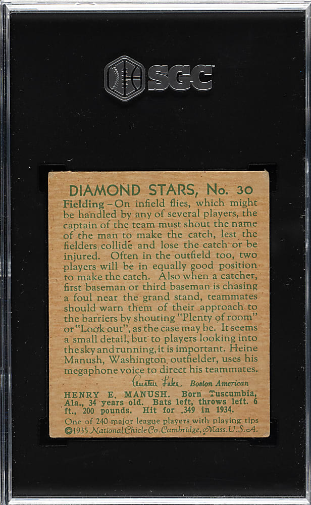 1934-1936 R327 Diamond Stars #30 Heinie Manush "W" on Sleeve (1935 Green Back) SGC VG 3
