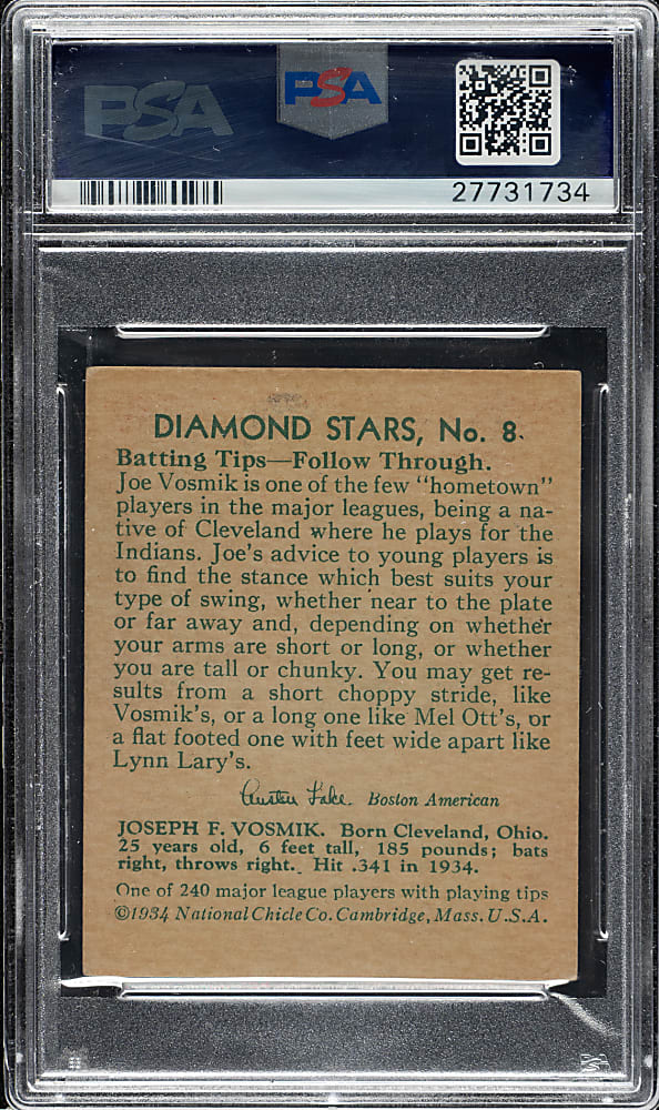 1934-1936 R327 Diamond Stars #8 Joe Vosmik (1935 Green Back) PSA VG-EX+ 4.5