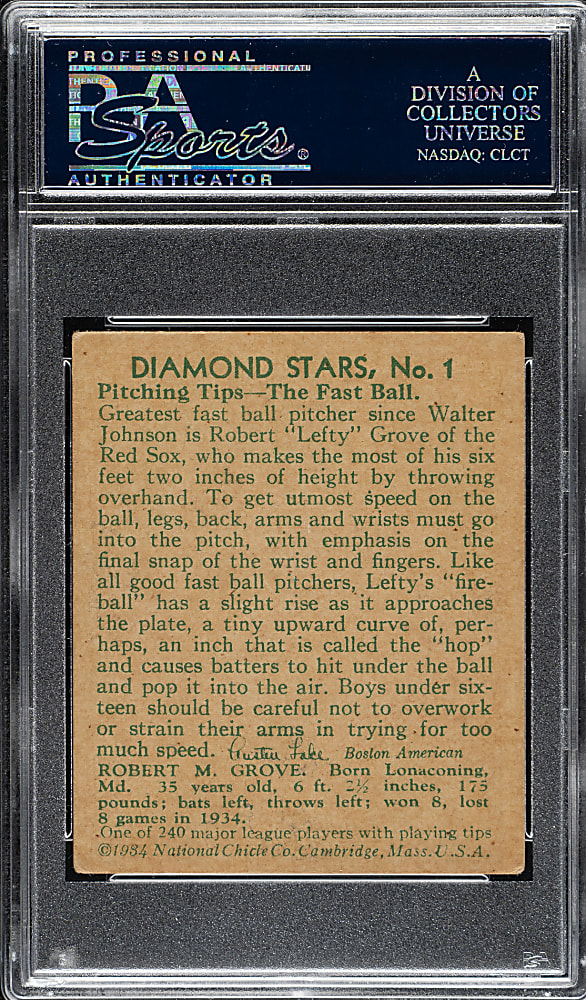 1934-1936 R327 Diamond Stars #1 Lefty Grove (1935 Green Back) PSA VG 3