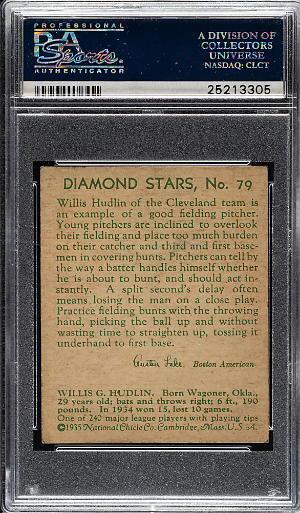 1934-1936 R327 Diamond Stars #79 Willis Hudlin (1935 Green Back) PSA EX 5