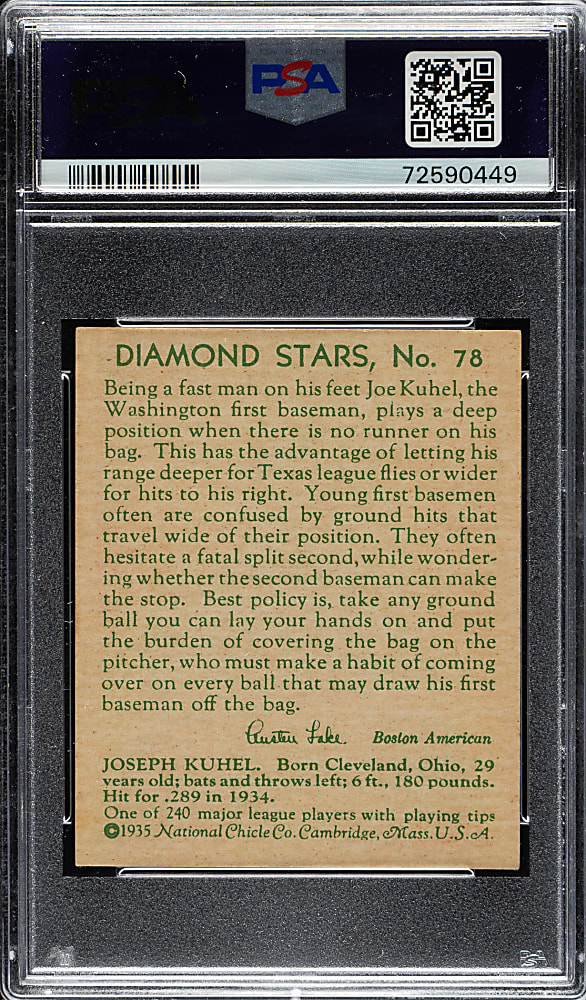 1934-1936 R327 Diamond Stars #78 Joe Kuhel (1935 Green Back) PSA EX-MT 6