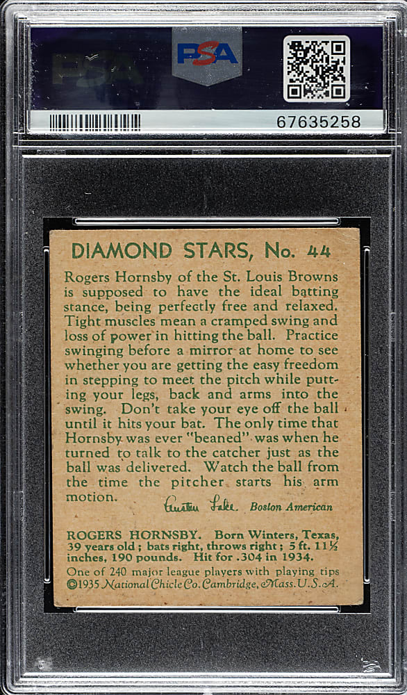 1934-1936 R327 Diamond Stars #44 Rogers Hornsby PSA VG+ 3.5