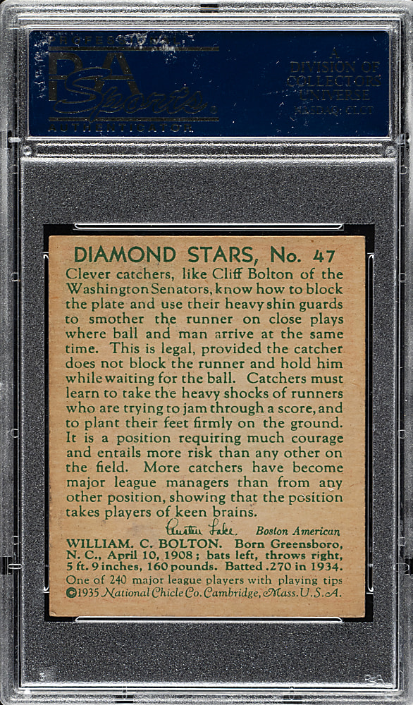 1934-1936 R327 Diamond Stars #47 Cliff Bolton PSA EX-MT 6