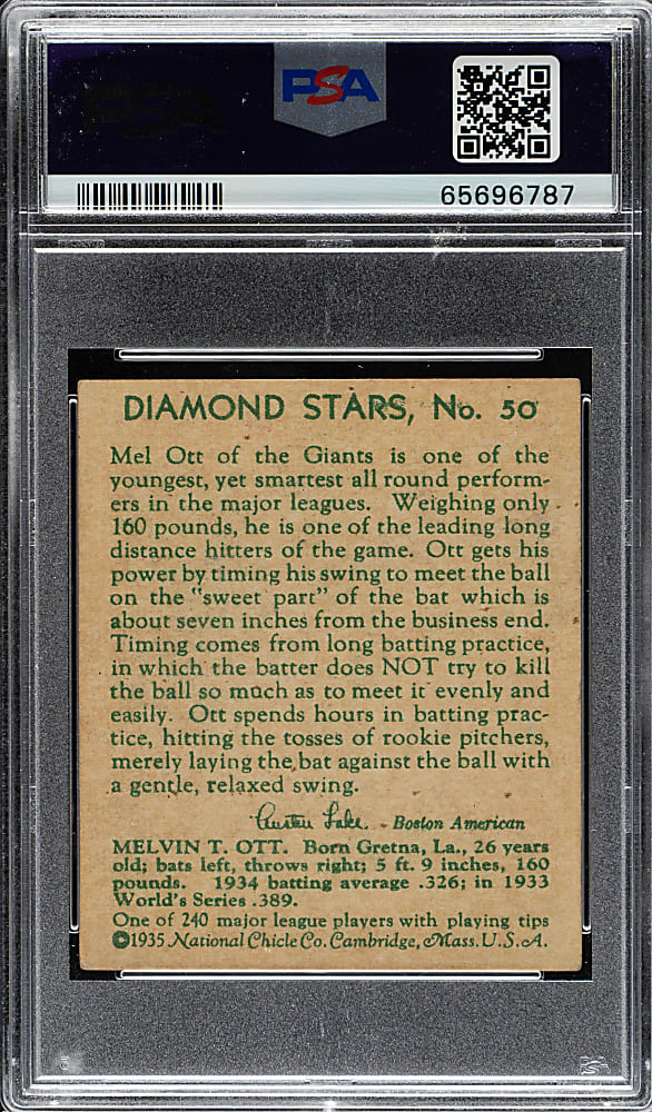 1934-1936 R327 Diamond Stars #50 Mel Ott PSA VG-EX+ 4.5