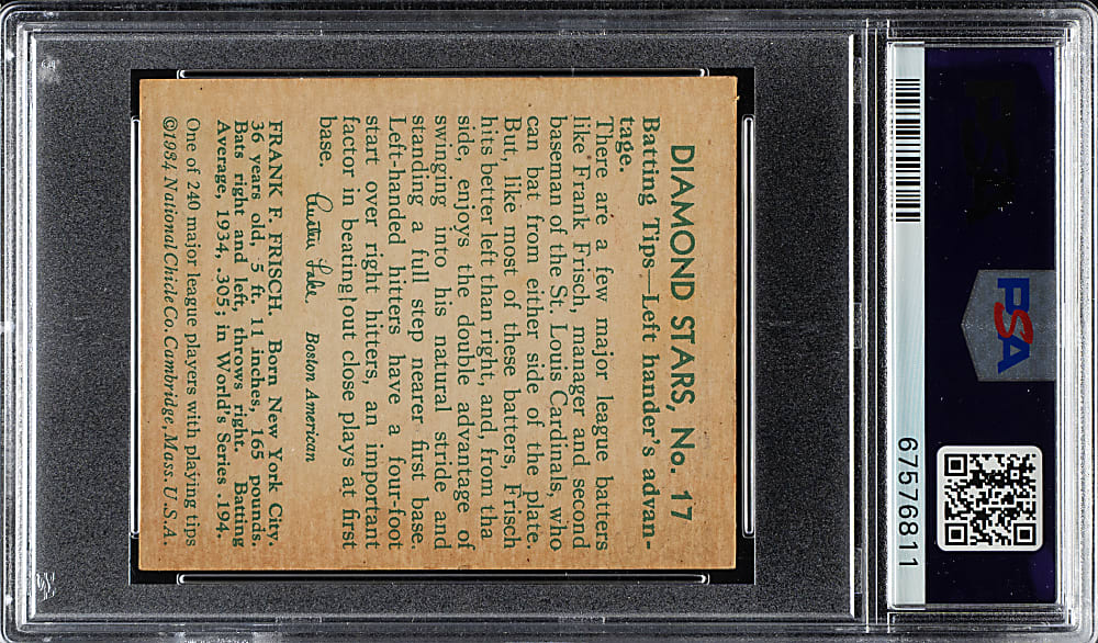 1934-1936 R327 Diamond Stars #17 Frankie Frisch (1935 Green Back) PSA EX-MT 6