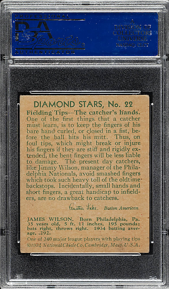 1934-1936 R327 Diamond Stars #22 Jimmy Wilson (1935 Green Back) PSA VG-EX 4