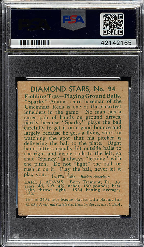 1934-1936 R327 Diamond Stars #24 Sparky Adams (1935 Green Back) PSA VG-EX 4