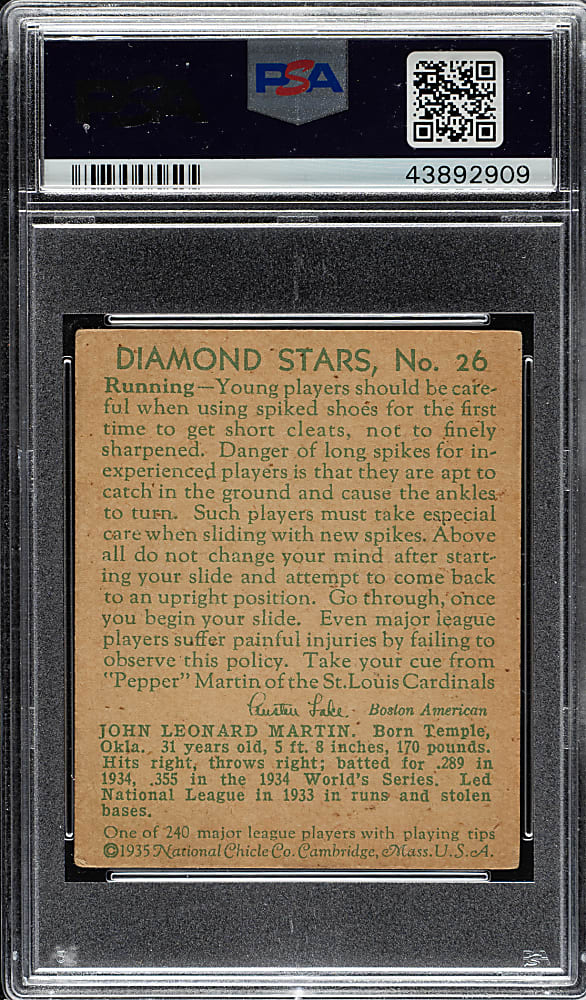 1934-1936 R327 Diamond Stars #26 Pepper Martin (1935 Green Back) PSA VG-EX 4