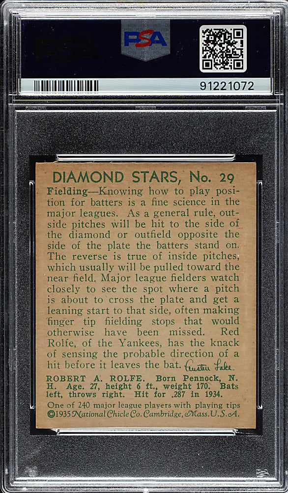 1934-1936 R327 Diamond Stars #29 Red Rolfe PSA EX-MT 6