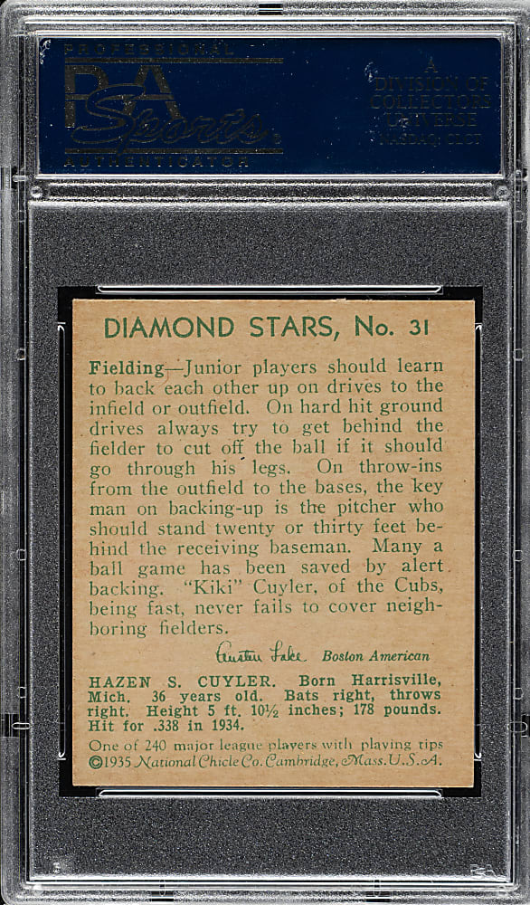 1934-1936 R327 Diamond Stars #31 Kiki Cuyler (1935 Green Back) PSA VG-EX 4