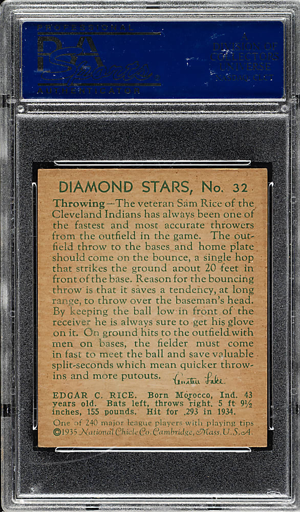1934-1936 R327 Diamond Stars #32 Sam Rice PSA VG-EX 4