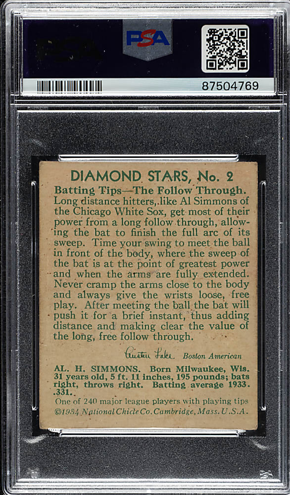 1934-1936 R327 Diamond Stars #2 Al Simmons (1934 Green Back) PSA VG 3