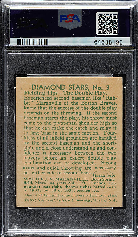 1934-1936 R327 Diamond Stars #3 Rabbit Maranville (1935 Green Back) PSA VG-EX 4