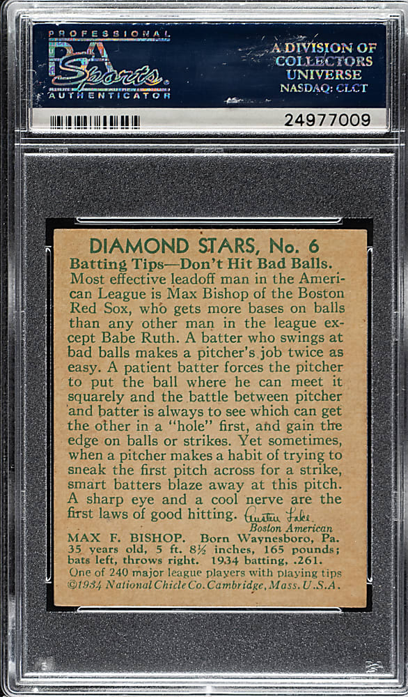 1934-1936 R327 Diamond Stars #6 Max Bishop (1935 Green Back) PSA EX+ 5.5