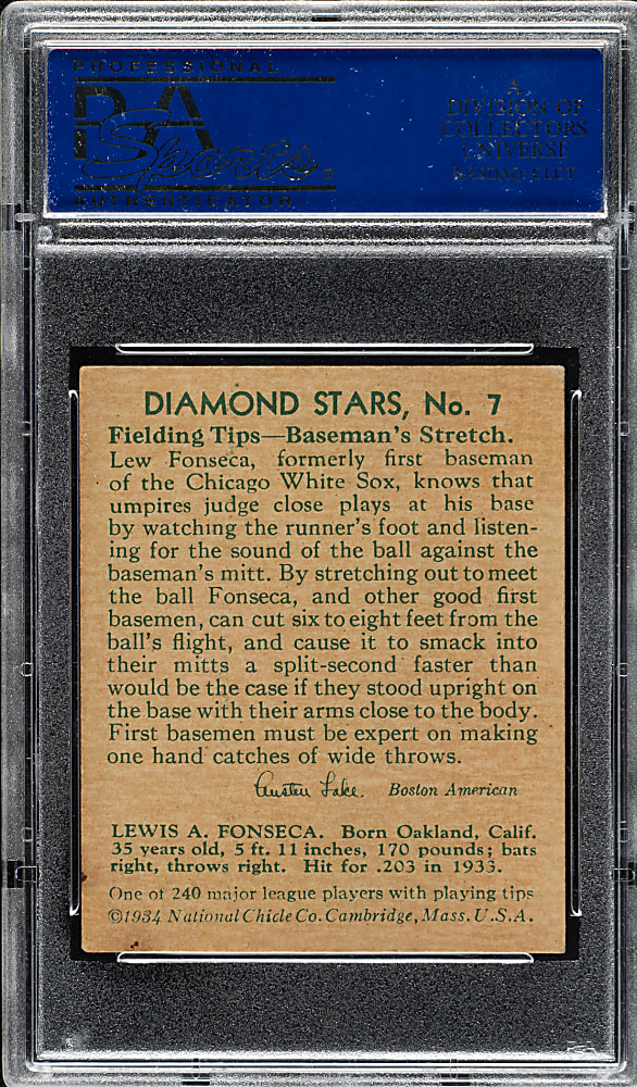 1934-1936 R327 Diamond Stars #7 Lew Fonseca 35 Years Old (1934 Green Back) PSA EX 5