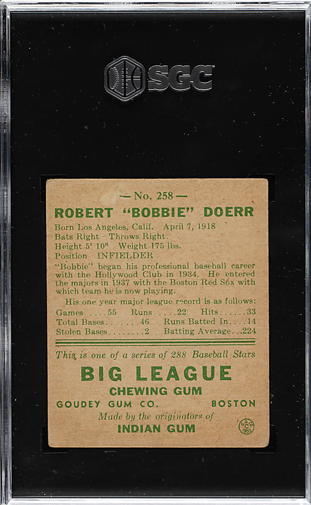 1938 R323 Goudey "Heads-Up" #258 Bobby Doerr SGC GOOD+ 2.5