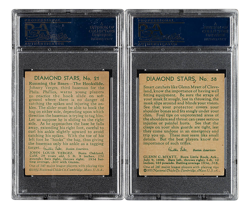 1934-1936 R327 Diamond Stars #21 Johnny Vergez (1935 Green Back) and #58 Glenn Myatt PSA VG-EX+ 4.5 Pair