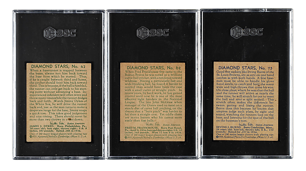 1934-1936 R327 Diamond Stars SGC-Graded Trio: Fred Frankhouse, Irving Burns, and Jimmy Dykes