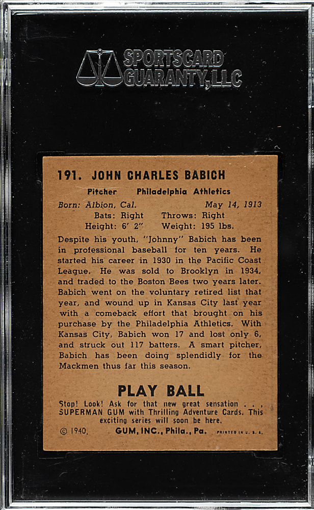1940 R335 Play Ball #191 John Babich SGC EX/NM 80