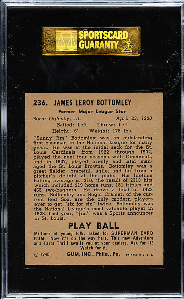 1940 R335 Play Ball #236 Jim Bottomley SGC GOOD 30 (Lionel Carter Collection)