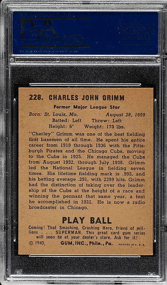 1940 R335 Play Ball #228 Charlie Grimm PSA NM 7