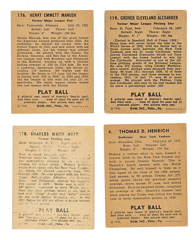 1940 R335 Play Ball Collection (14) Including Waite Hoyt, Grover Alexander, and Heinie Manush
