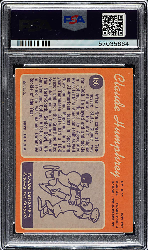 Signed 1970 Topps Football #156 Claude Humphrey Rookie - PSA/DNA